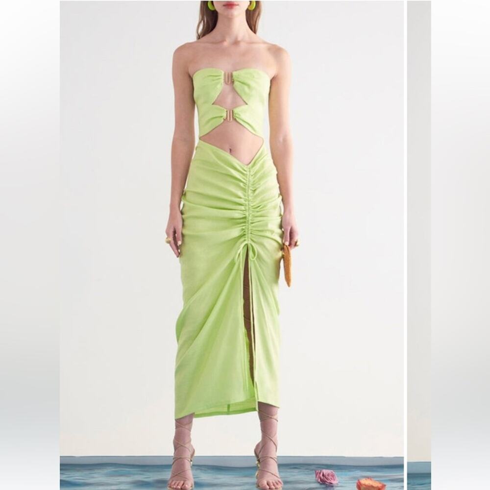 cult gaia donna green cut out strapless ruched midi side slit dress size 8 Large